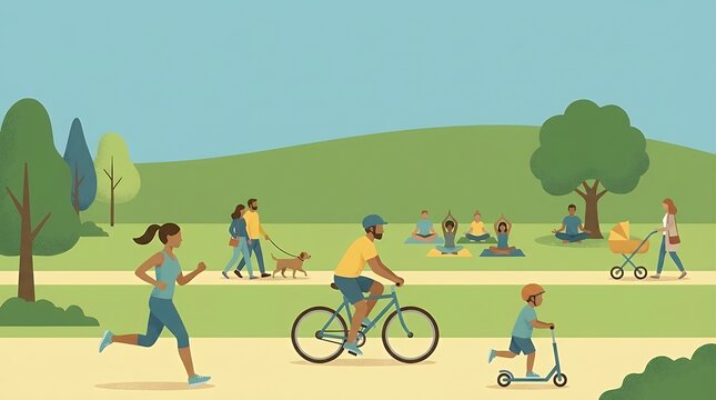 A charming flat illustration depicting people engaged in various outdoor park activities including running cycling scootering dog walking exercising meditating and strolling with a baby carriage