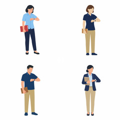 Fototapeta premium Set of business people checking the time on their wristwatches. Professional men and women holding documents and waiting for appointments in flat vector style.