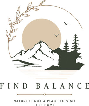 Find Balance Mountain Landscape Illustration with Moon and Nature Typography