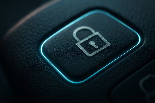 Glowing digital lock icon on dark secure login button, cybersecurity authentication interface