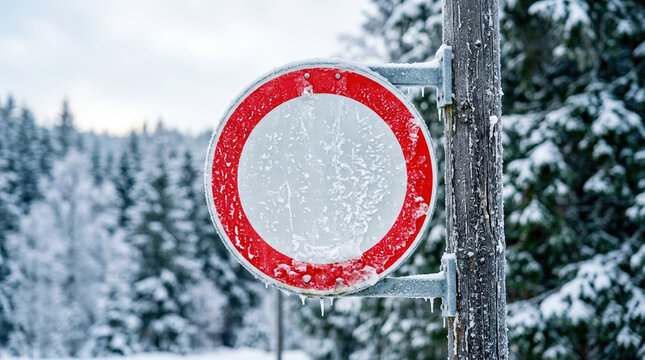 Blank round traffic sign covered with frost and ice in winter forest. Empty circular road sign with copy space