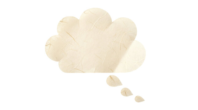 Vintage paper thought bubble, textured cream speech balloon on white background, antique parchment cloud icon for comic dialogue