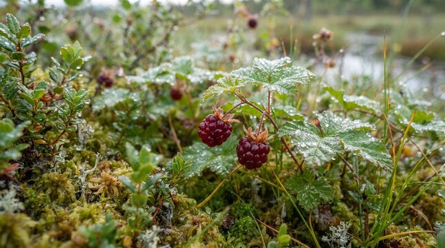 Close-up view of ripe dark red cloudberry or arctic bramble fruit growing amidst moss and green vegetation in a natural wetland forest habitat