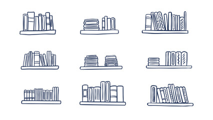 Hand-drawn minimalist doodle illustration set of various bookshelves with books isolated on a clean transparent background for education purposes and many more © Atheefa