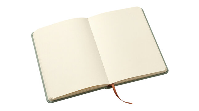 Blank open notebook with cream pages, minimalist paper journal mockup on white background, clean diary for writing and sketching