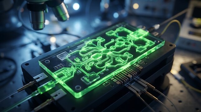 Advanced photonic integrated circuit on a laboratory workbench with fiber optic connections for high speed data transmission and quantum computing research