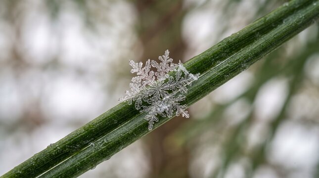 A close-up, high-detail macro shot of a single, delicate, intricate hexagonal snowflake resting perfectly on the vibrant green needle of a pine tree during a cold winter day.