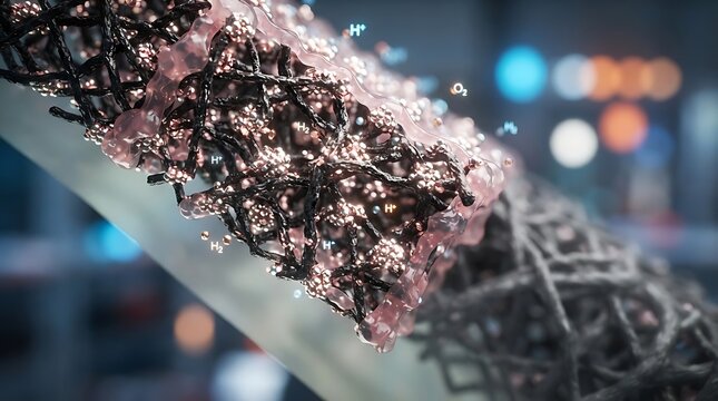 3D visualization of proton exchange membrane fuel cell technology showing hydrogen ions and oxygen molecules reacting on a carbon catalyst layer structure