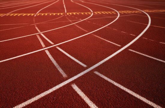 Red athletic track with white lines and yellow markings for races