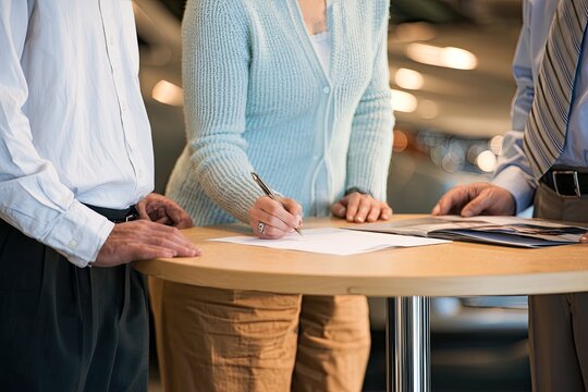 Woman signs document at table with two men in dealership