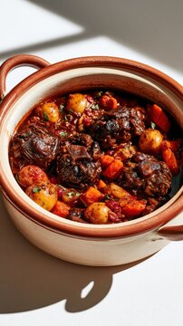 A terracota pot of slow-simmered Spanish rabo de toro (oxtail stew) with vegetables and red wine sauce, on a sun-lit white surface