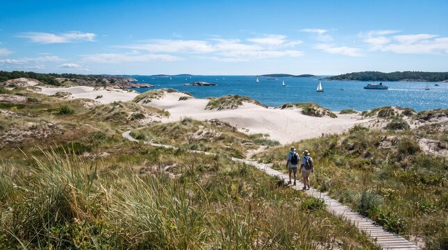 A pair of hikers walking along a sandy trail through scenic coastal dunes overlooking a tranquil blue bay with distant islands and small boats under a clear summer sky