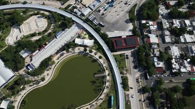 Aerial orbiting view of La Plancha public park in Merida, Mexico