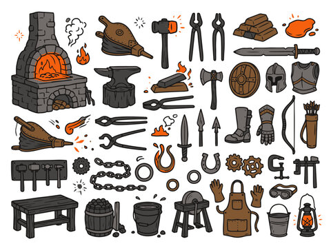 Blacksmith forge tools equipment and armor illustrations