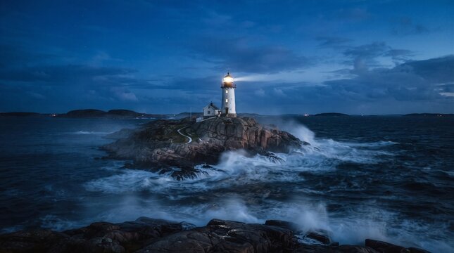 Powerful lighthouse beam cuts through a stormy, dark blue twilight, illuminating crashing waves and a rugged, isolated island.