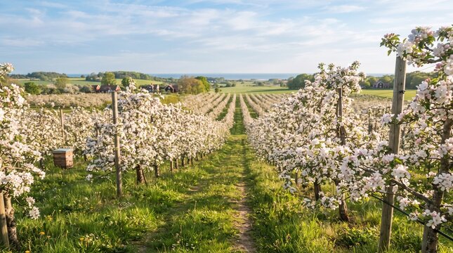 A picturesque view of a vast, sunny orchard featuring neatly aligned rows of fruit trees in full spring bloom, with delicate white blossoms covering the branches under a soft morning sky.