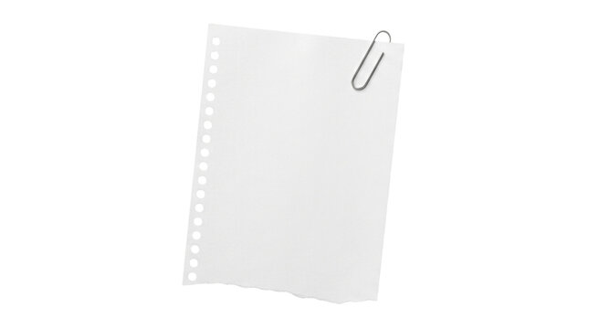 Blank white notebook paper with metal paperclip, torn spiral page mockup, isolated office stationery on white background