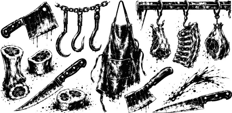 Butchery tools and meat cuts vintage illustration of knives, cleavers, hooks, apron, bones, and hanging meat pieces in black and white