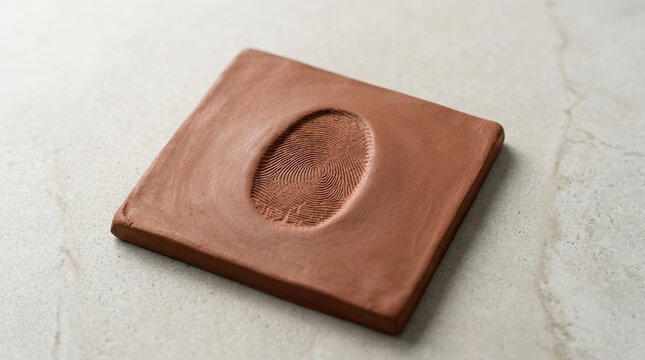 Fingerprint impression stamped in terracotta clay tile. Macro of human thumbprint texture