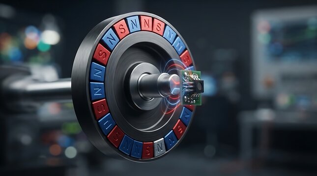 Magnetic encoder sensor detecting rotational position of a multipole ring magnet in a laboratory setting for precision motion control engineering