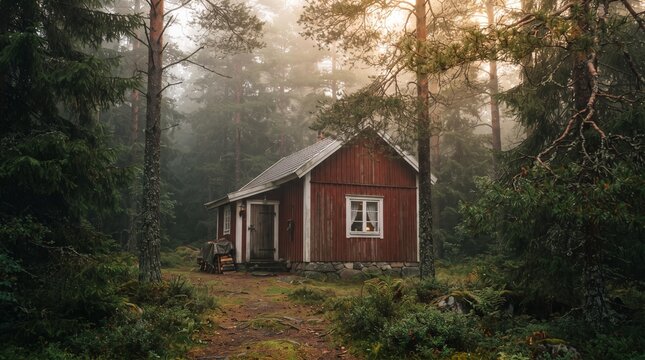 A cozy, rustic red cabin nestled deep within a misty, sun-dappled forest, surrounded by tall trees and lush green foliage, evoking a sense of peaceful solitude and natural escape.