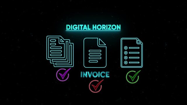 Digital invoice processing and document management neon animation