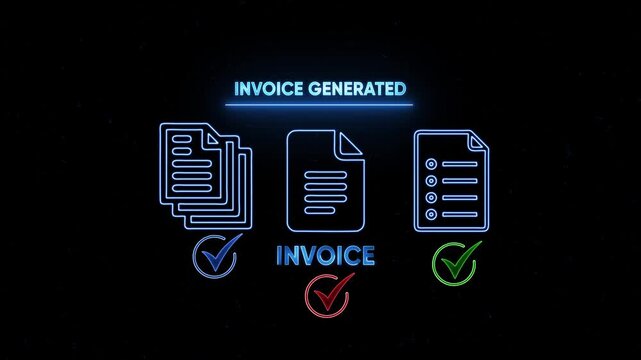 Invoice generated neon animation: digital billing and payment success concept