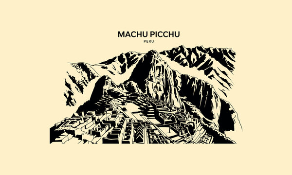 Artistic of machu picchu ruins in peru with mountainous backdrop, inca mountains