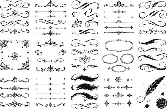 Vintage ornamental calligraphy design elements with flourishes, frames, dividers, and decorative accents