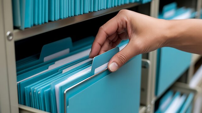 A close-up photograph of an open filing cabinet drawer containing organized teal colored document folders being selected by hand
