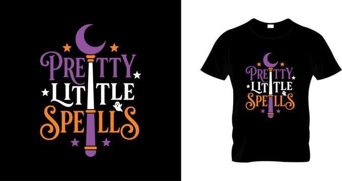Pretty little spells halloween tshirt design with magic wand and ghost