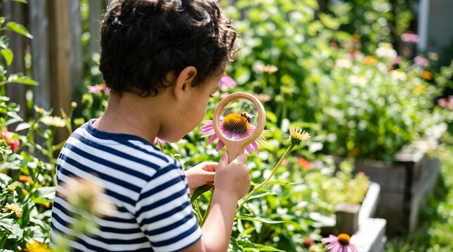 Little boy observing a bee on a coneflower with a magnifying glass