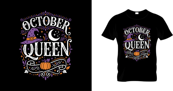 October queen halloween tshirt design with witch hat and pumpkin illustration