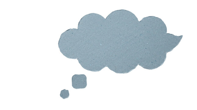 Minimalist blue thought bubble paper cutout, textured cloud speech bubble on white, creative thinking and communication concept