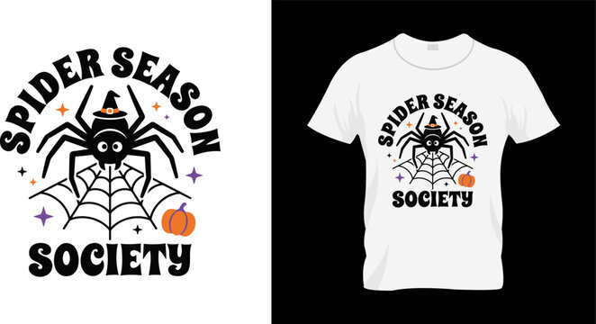 Spider season society halloween tshirt design with cute spider and pumpkin