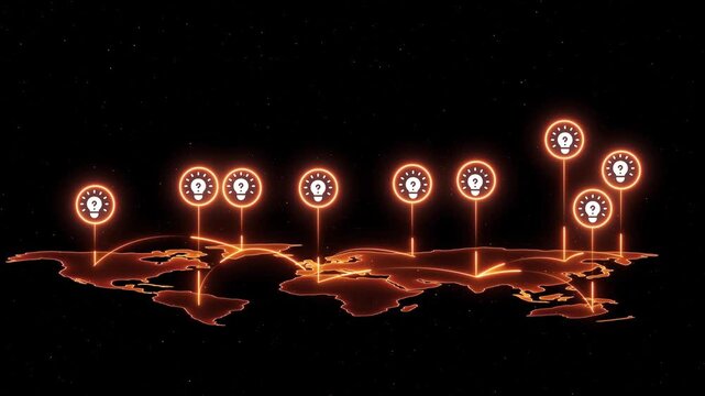 Global innovation network: glowing idea lightbulb on digital map