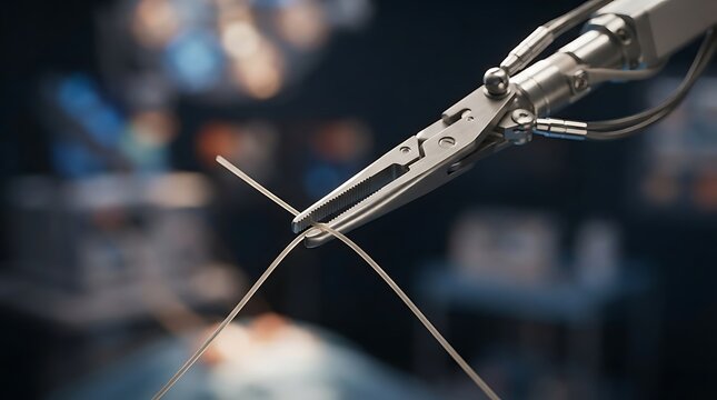 Robotic surgical system instrument performing suturing with medical thread in sterile operating room environment