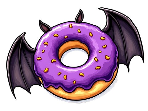 Halloween purple frosted donut illustration with bat wings and sprinkles