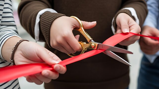 A Close-Up Photograph of Hands Cutting a Red Ribbon Ceremony Symbolizing New Beginnings and Business Grand Opening Success