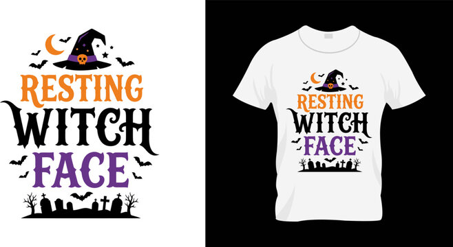 Resting witch face halloween tshirt design with witch hat and graveyard elements