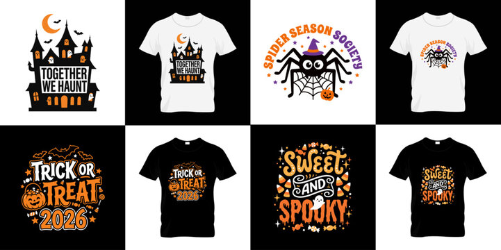 Halloween tshirt design bundle with spooky haunted house, spider, and trick or treat graphics