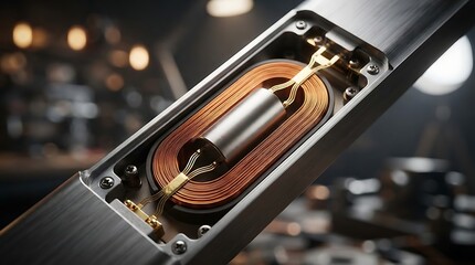 Naklejka premium Close up view of an industrial electromagnetic coil component inside a precision metal housing for advanced electronic machinery