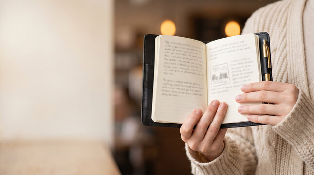 Close up of Woman Hands Holding and Showing Open Pocket Leather Notebook Diary, Cozy Lifestyle of Person Journaling at Cafe with Pen and Warm Bokeh Copy Space Background