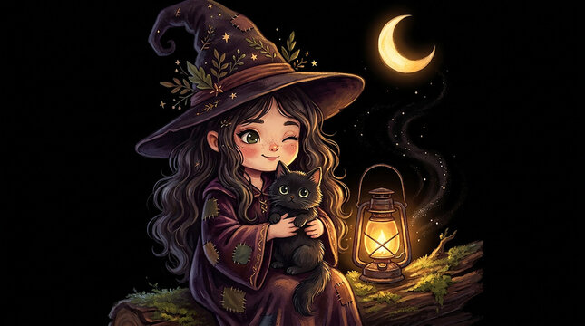 Cute little witch girl holding black cat on mossy log next to glowing lantern under crescent moon.
