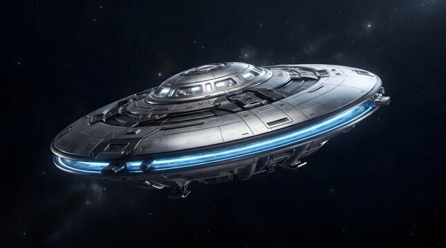 Futuristic Spaceship Flying in Deep Space Science Fiction Scene