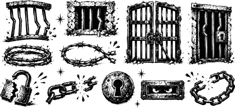 grunge black and white gate, lock, chain, and barbed wire collection with rough texture