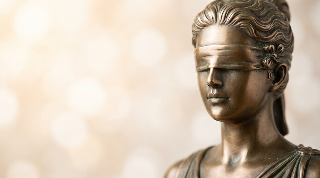 Close Up Lady Justice Statue with Blindfold Symbol of Law Fairness and Honesty on Soft Bokeh Background for Legal Firm Website Header Advertisement and Graphic Banner