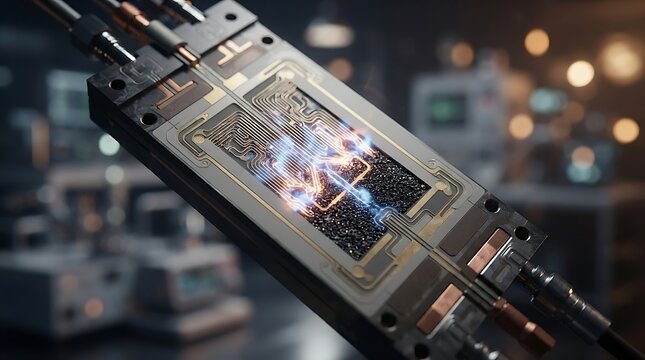 Advanced Quantum Processor Chip Operating in Laboratory Environment with Glowing Circuitry