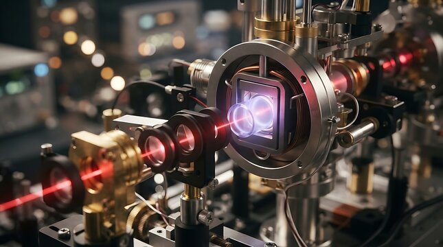 Advanced laser optics experiment in a scientific laboratory setting with precision equipment and red light beams