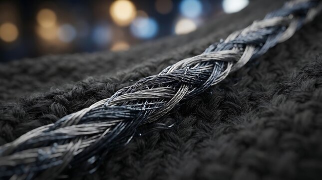 Macro shot of a braided metallic thread lying on a dark textured knitted fabric surface with soft bokeh light background